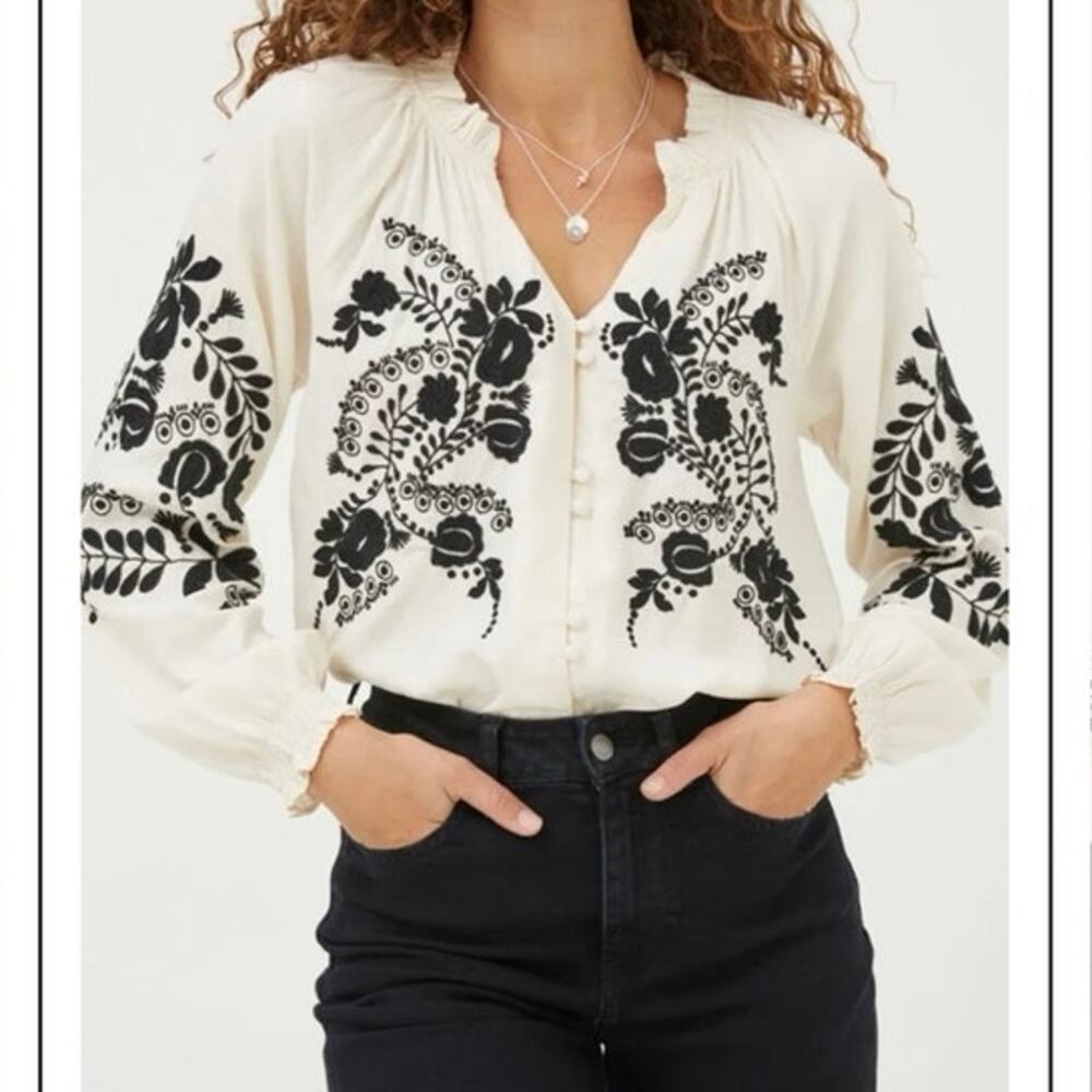 FatFace Boho Ellen Black Embroidered Blouse Off White Top Cottagecore Peasant